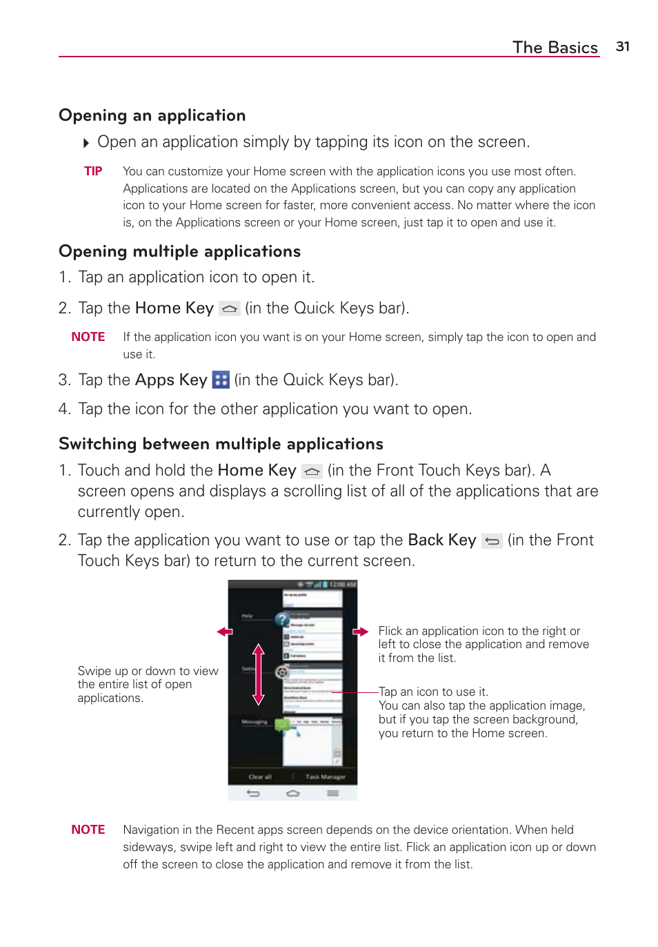 The basics opening an application, Opening multiple applications, Switching between multiple applications | LG VS980 User Manual | Page 33 / 235