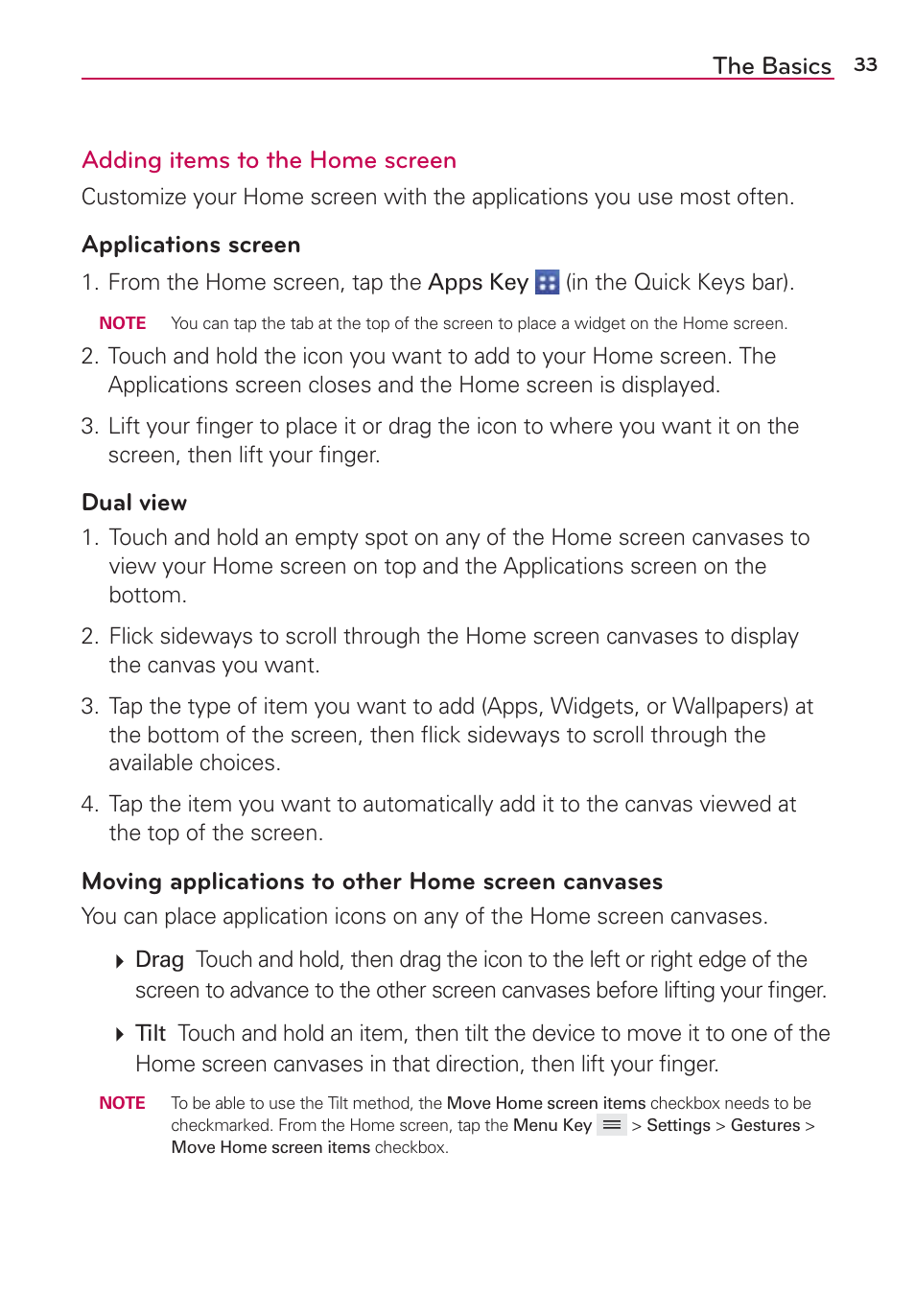 The basics adding items to the home screen, Applications screen, Dual view | Moving applications to other home screen canvases | LG VS980 User Manual | Page 35 / 235