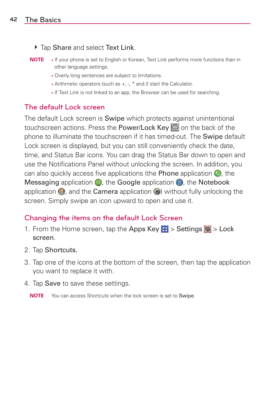 The basics, The default lock screen, Changing the items on the default lock screen | LG VS980 User Manual | Page 44 / 235