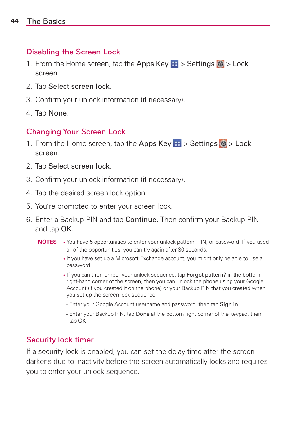 The basics disabling the screen lock, Changing your screen lock, Security lock timer | LG VS980 User Manual | Page 46 / 235