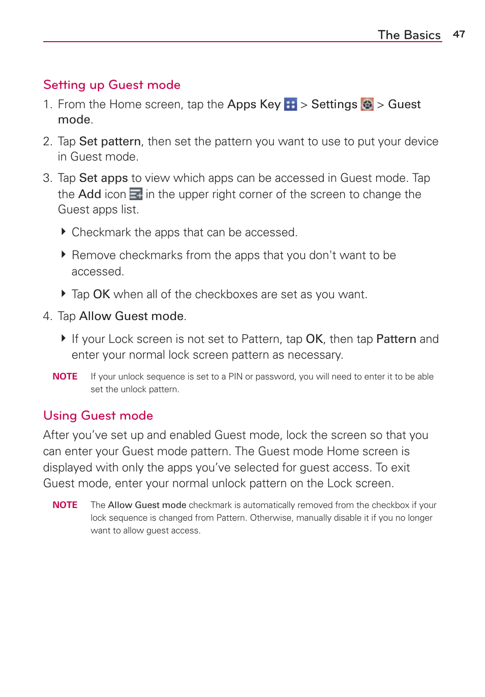 The basics setting up guest mode, Using guest mode | LG VS980 User Manual | Page 49 / 235