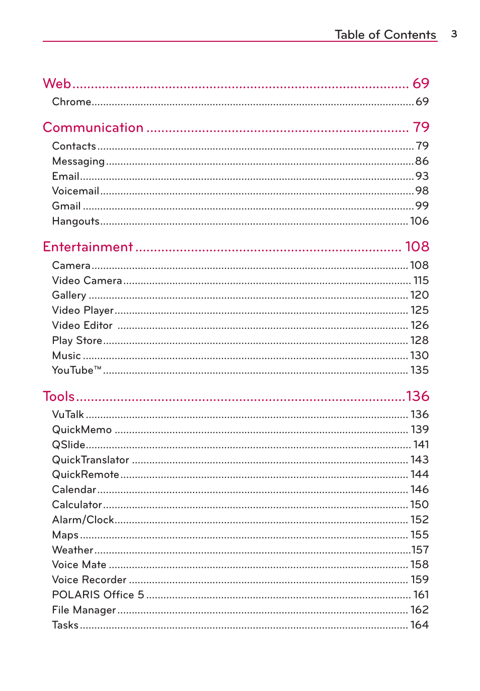 Communication, Entertainment, Tools | LG VS980 User Manual | Page 5 / 235