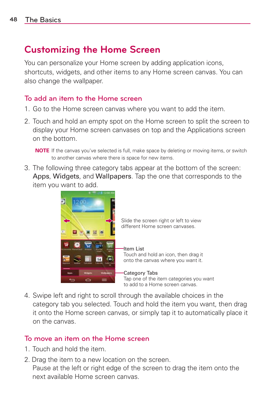 Customizing the home screen, The basics | LG VS980 User Manual | Page 50 / 235