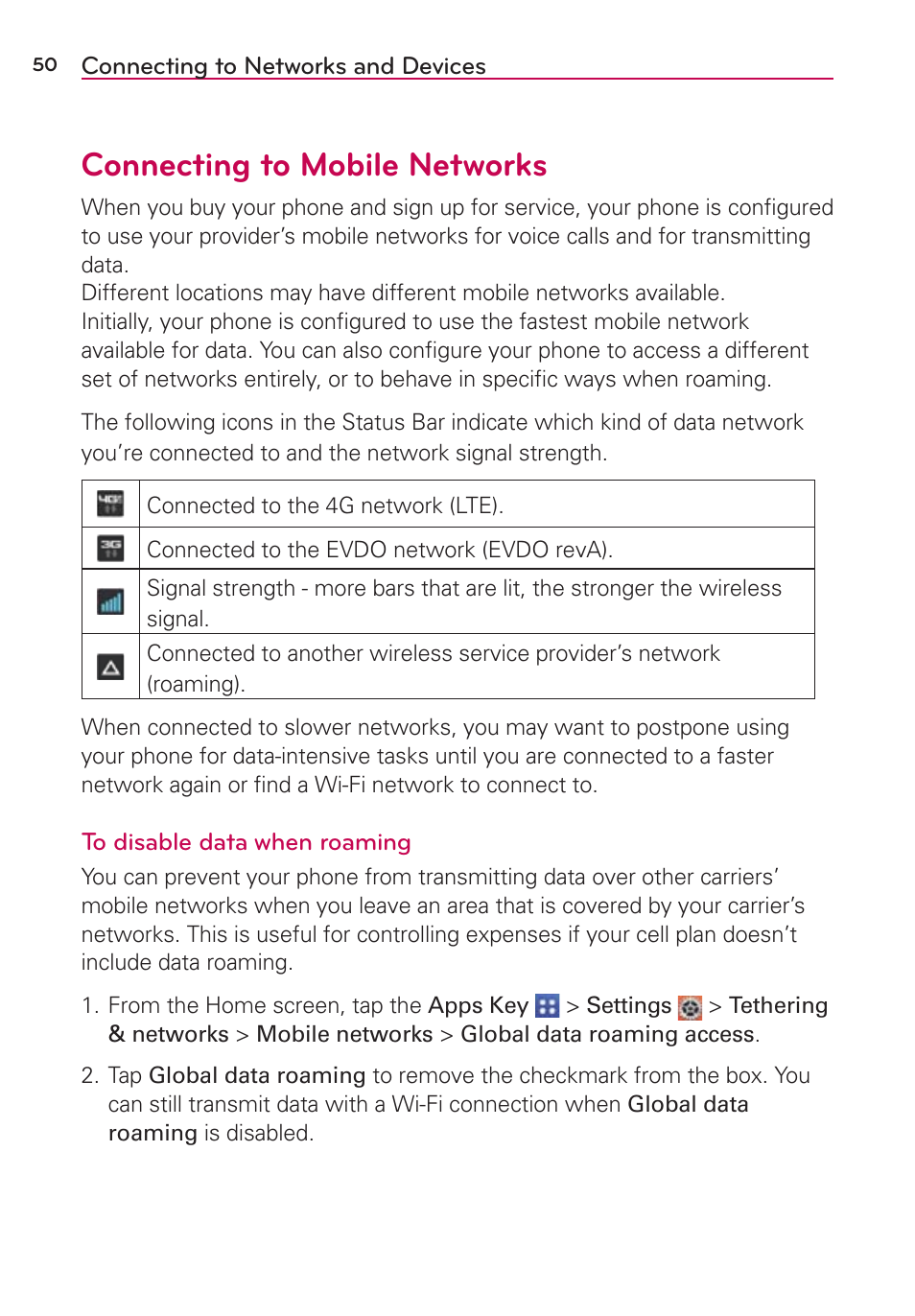 Connecting to networks and devices, Connecting to mobile networks | LG VS980 User Manual | Page 52 / 235