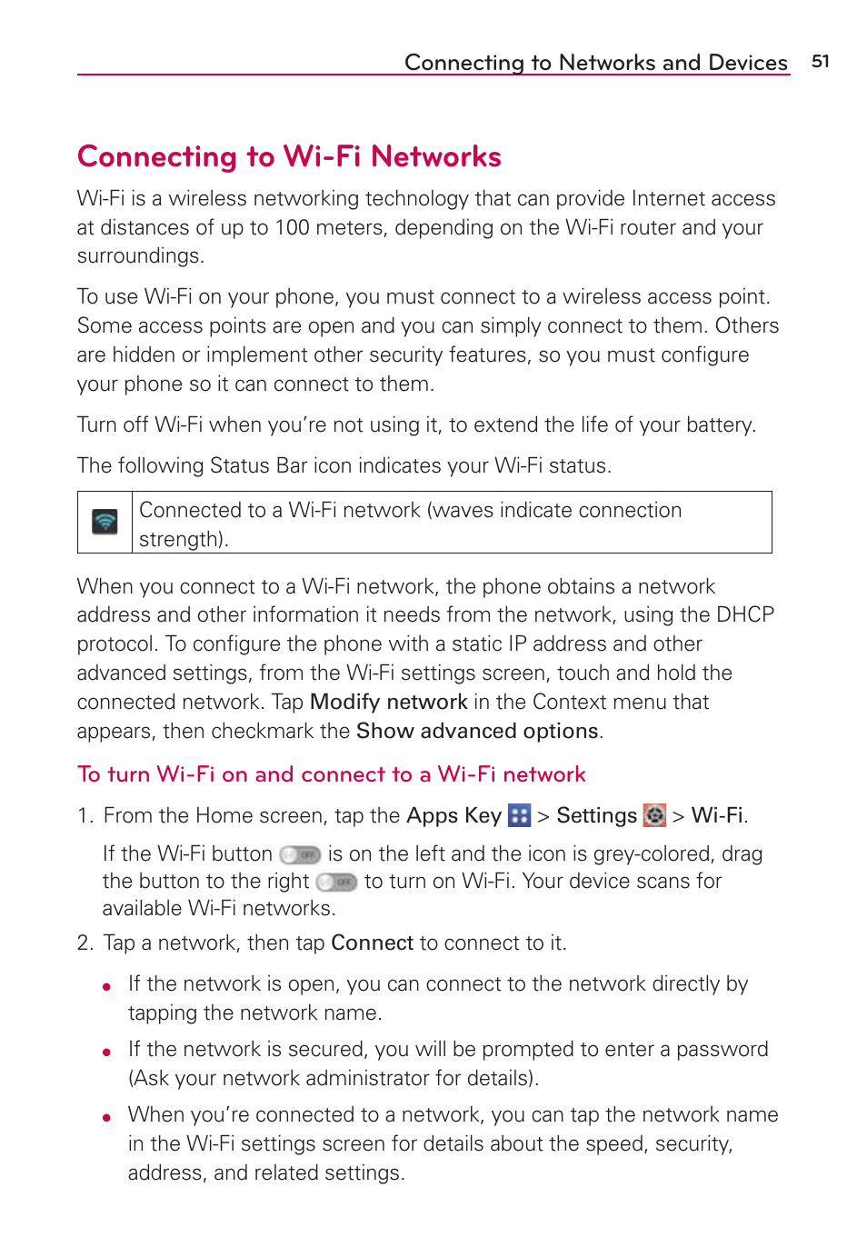 Connecting to wi-fi networks, Connecting to networks and devices | LG VS980 User Manual | Page 53 / 235