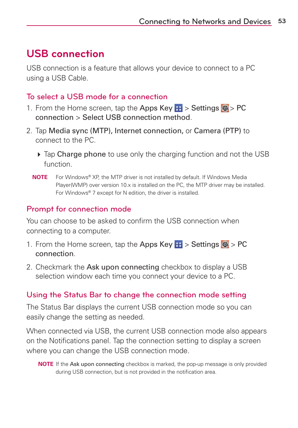 Usb connection, Connecting to networks and devices, Prompt for connection mode | LG VS980 User Manual | Page 55 / 235