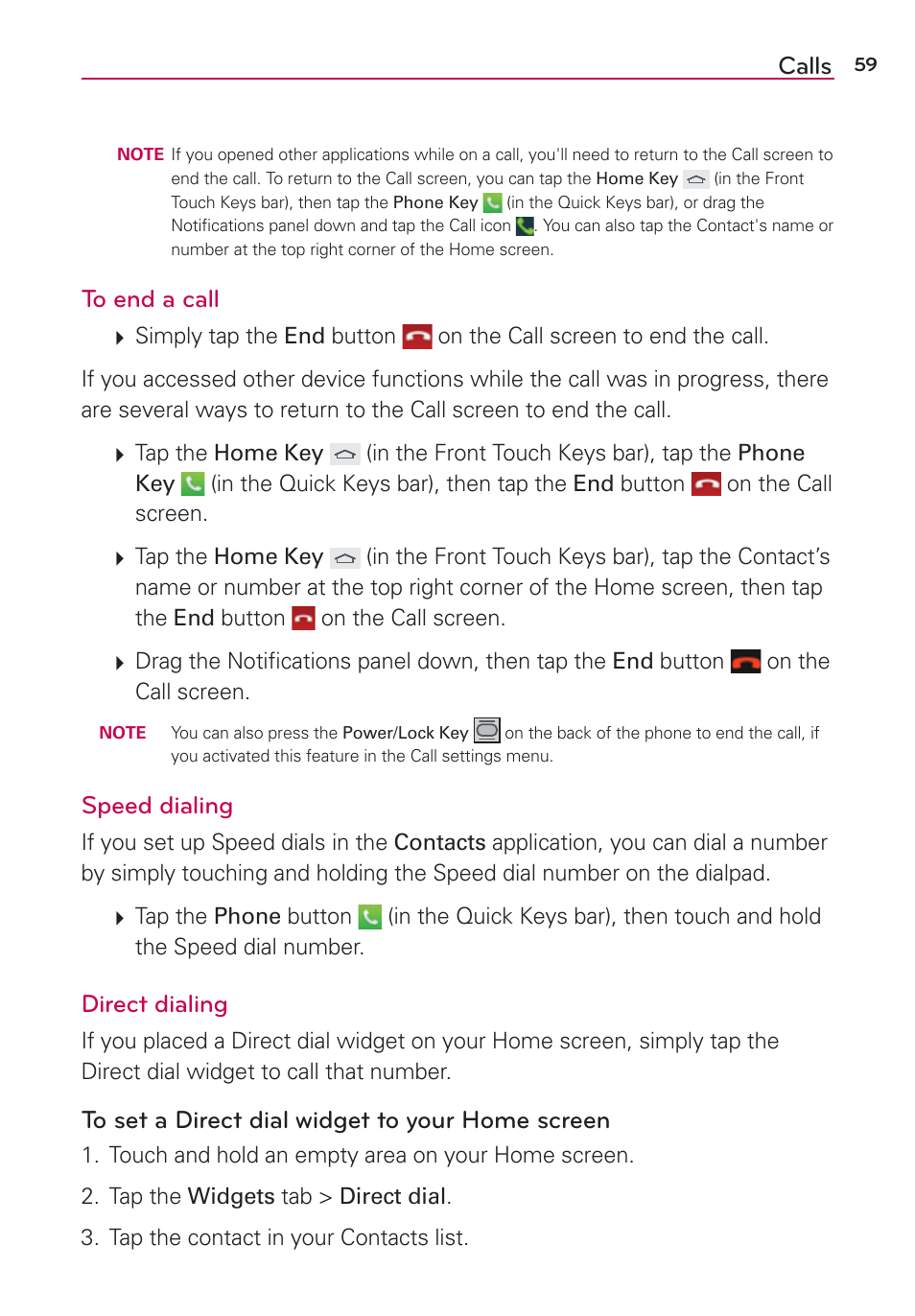 Calls, Speed dialing, Direct dialing | LG VS980 User Manual | Page 61 / 235