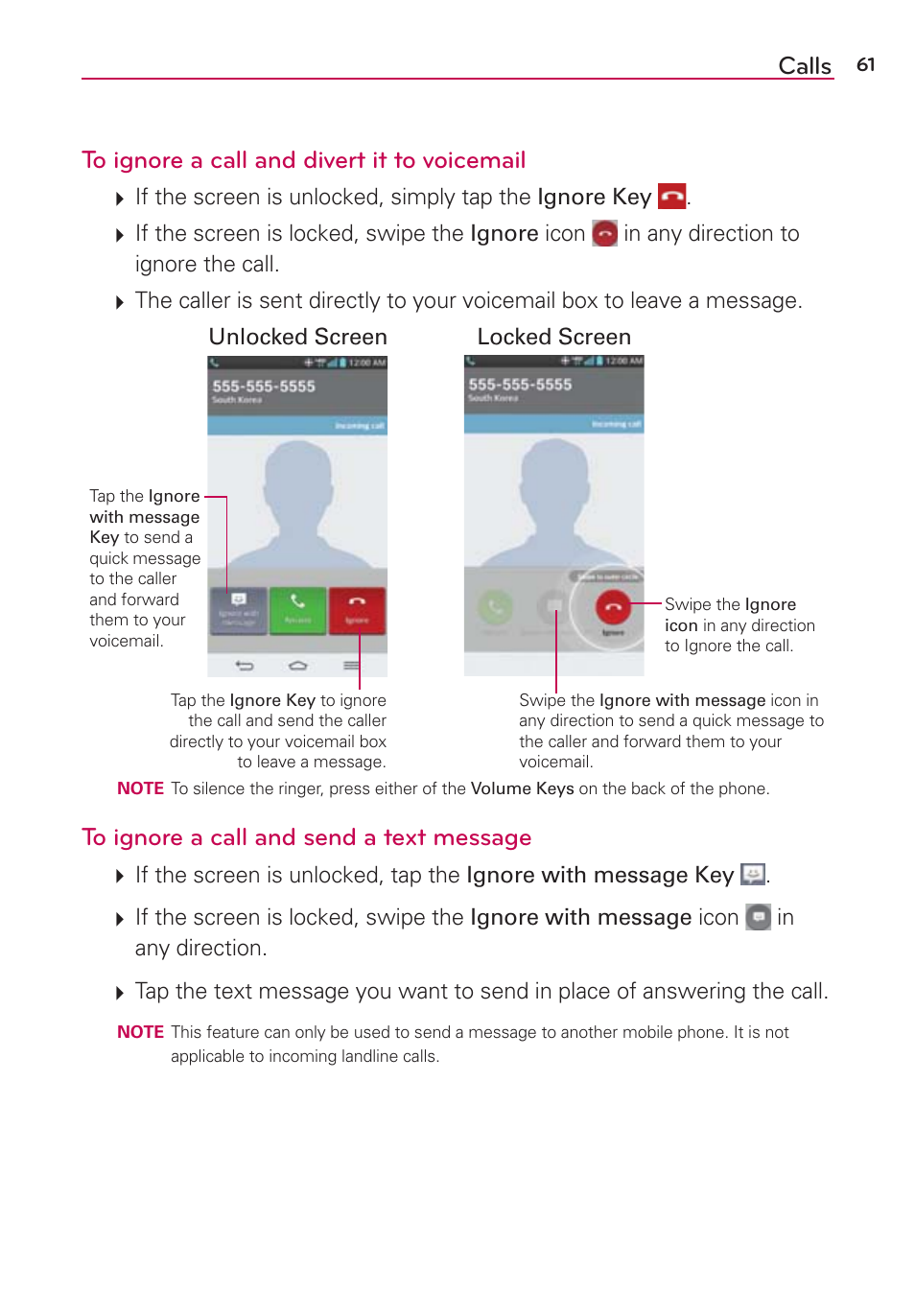 Calls to ignore a call and divert it to voicemail | LG VS980 User Manual | Page 63 / 235