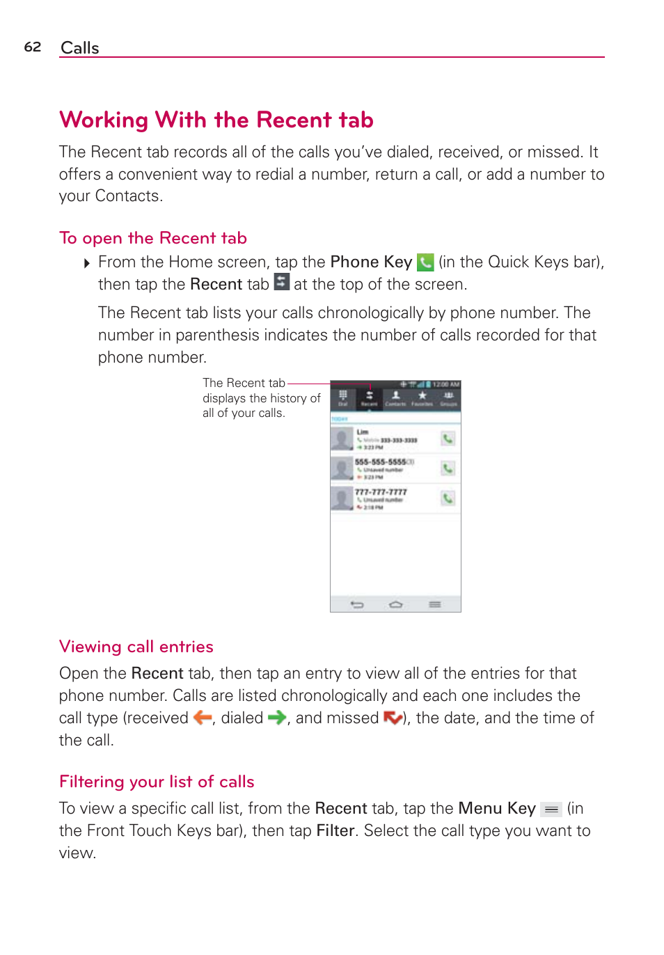 Working with the recent tab | LG VS980 User Manual | Page 64 / 235