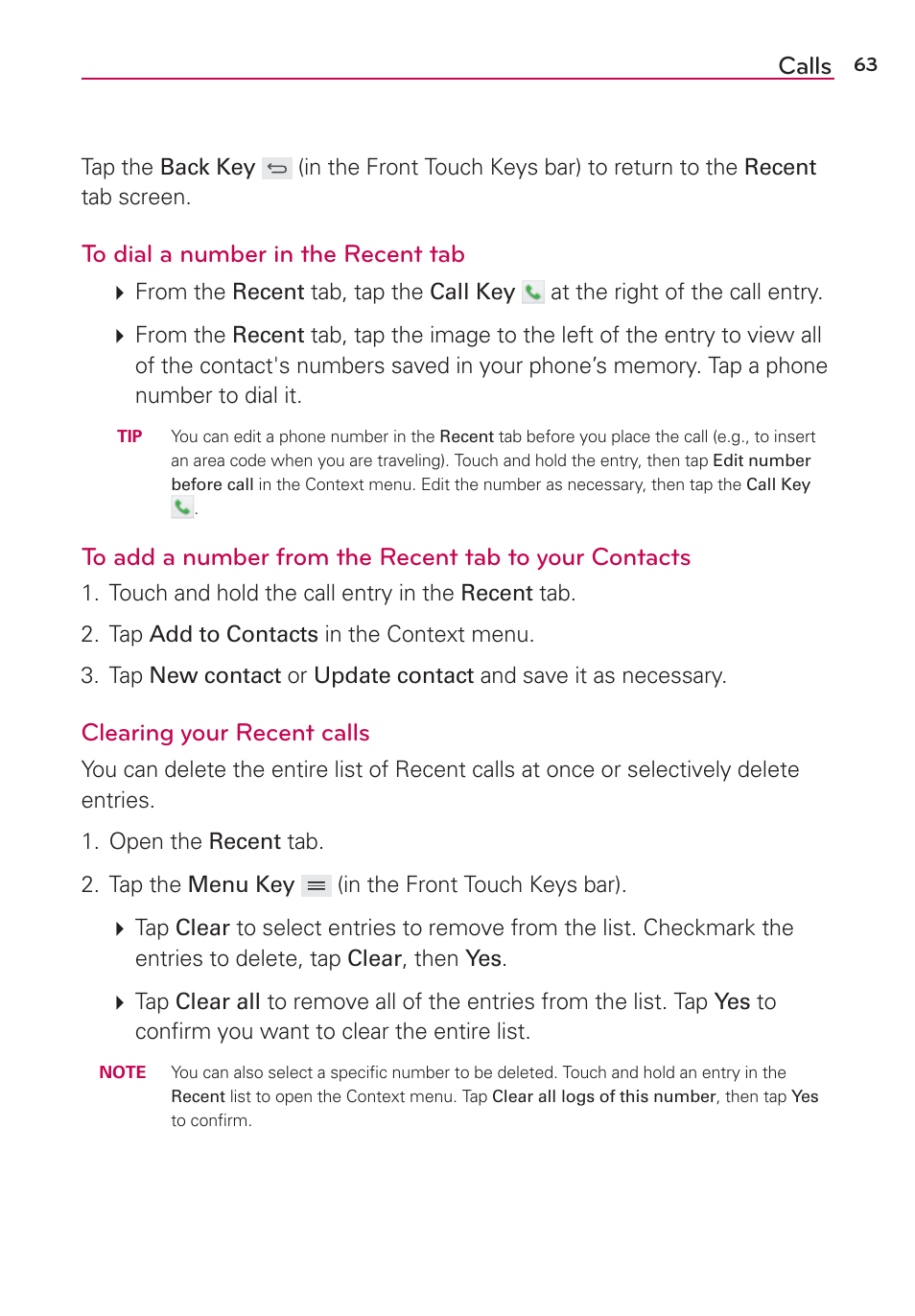 Calls, Clearing your recent calls | LG VS980 User Manual | Page 65 / 235