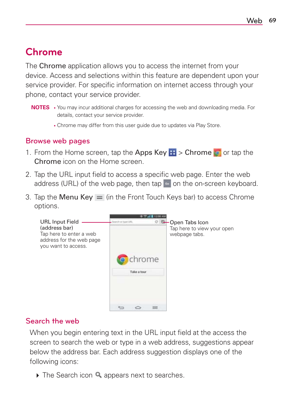 Chrome, Browse web pages, Search the web | LG VS980 User Manual | Page 71 / 235