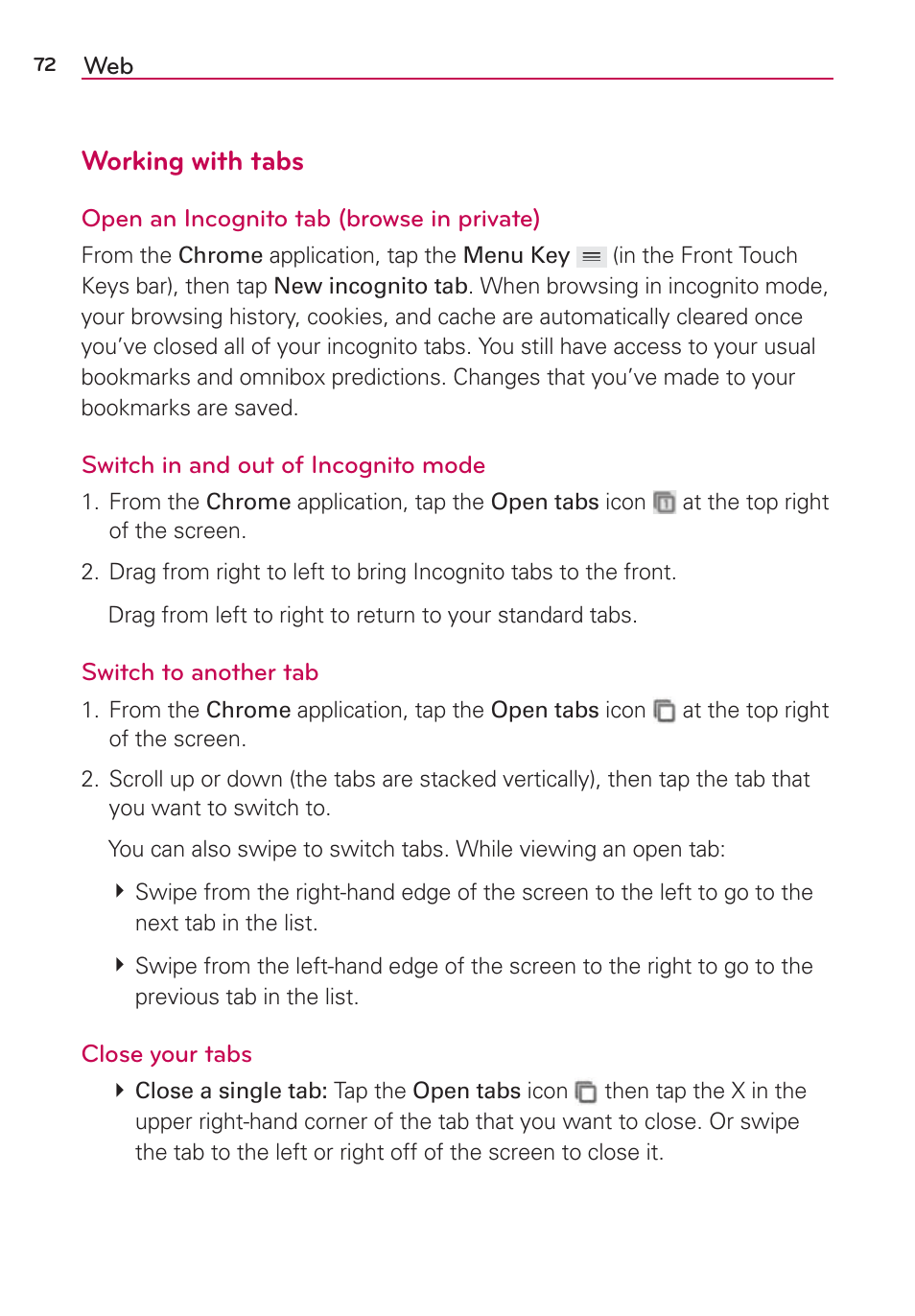 Working with tabs | LG VS980 User Manual | Page 74 / 235