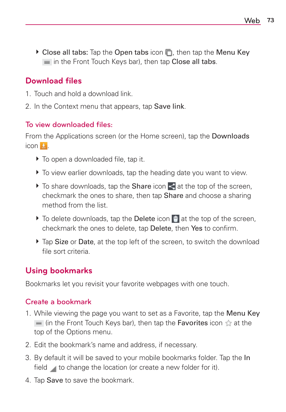 Download ﬁles, Using bookmarks | LG VS980 User Manual | Page 75 / 235