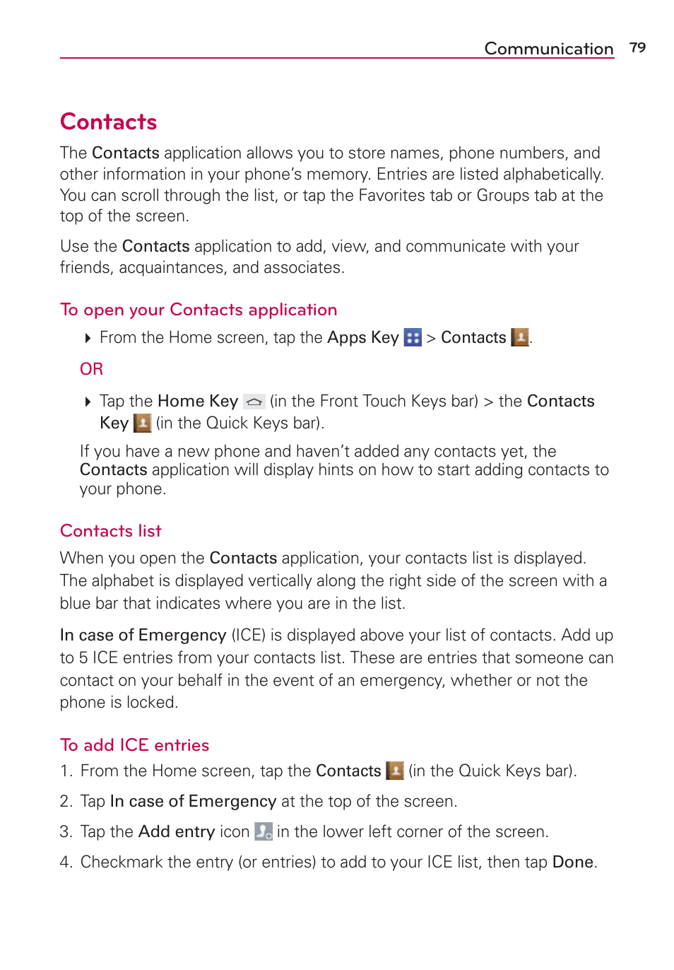 Communication, Contacts | LG VS980 User Manual | Page 81 / 235