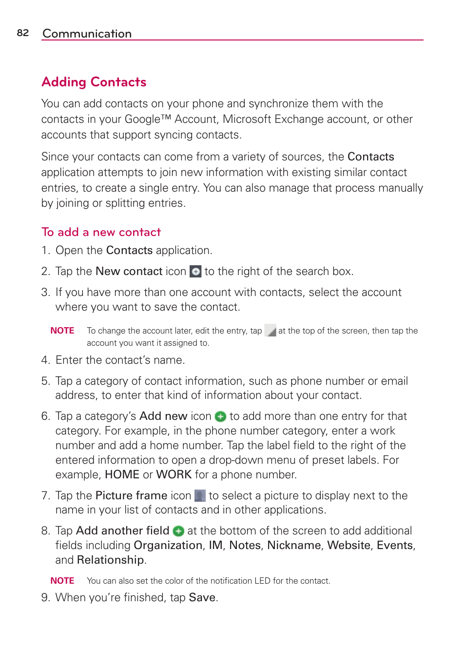 Adding contacts, Communication | LG VS980 User Manual | Page 84 / 235