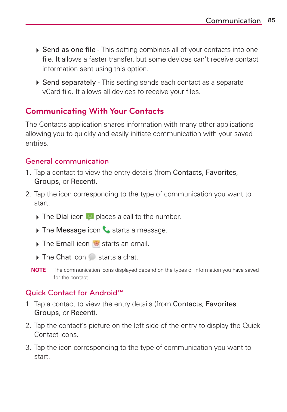 Communicating with your contacts | LG VS980 User Manual | Page 87 / 235