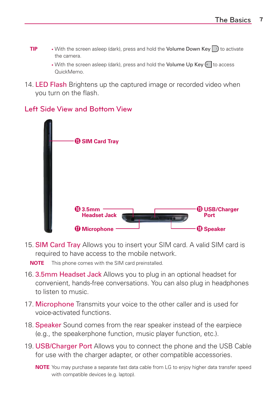 The basics, Left side view and bottom view | LG VS980 User Manual | Page 9 / 235