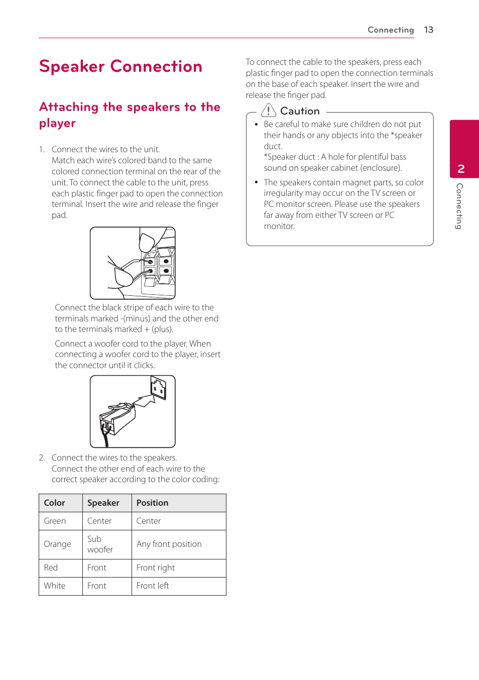 Speaker connection, Attaching the speakers to the player, 13 – attaching the speakers to the player | LG BH6830SW User Manual | Page 13 / 82