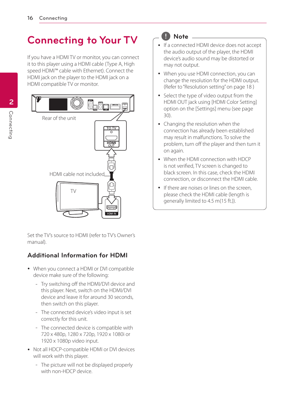 Connecting to your tv | LG BH6830SW User Manual | Page 16 / 82