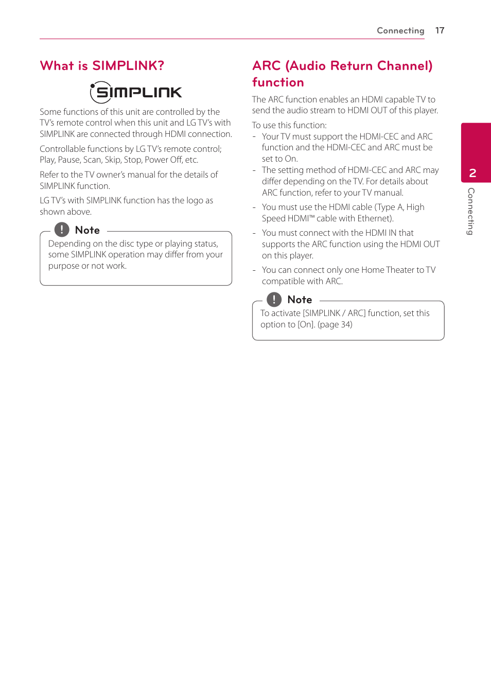 What is simplink, Arc (audio return channel) function | LG BH6830SW User Manual | Page 17 / 82