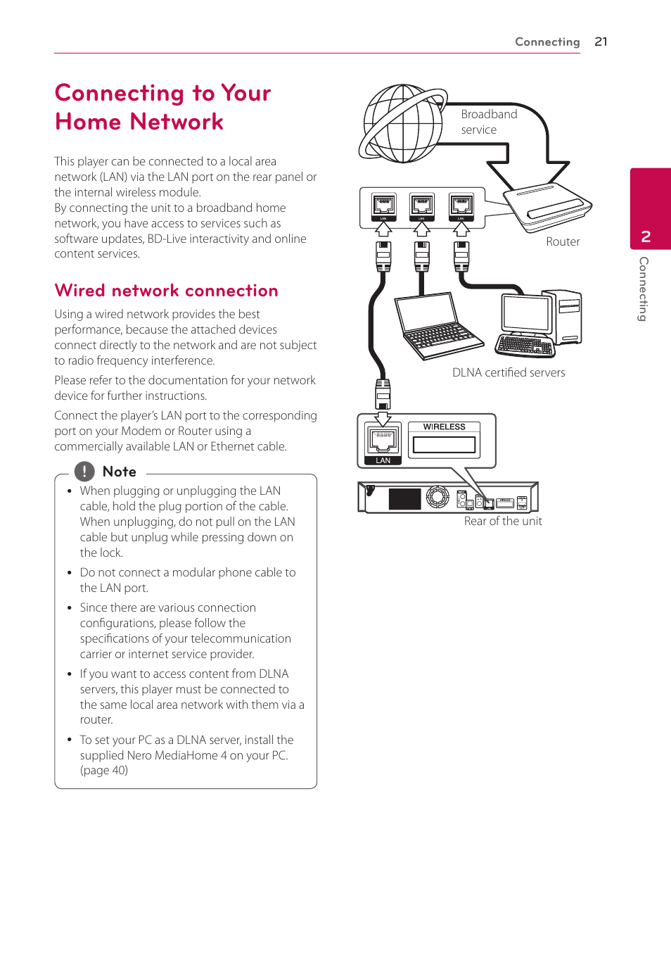 Connecting to your home network, Wired network connection, Wired network setup | LG BH6830SW User Manual | Page 21 / 82