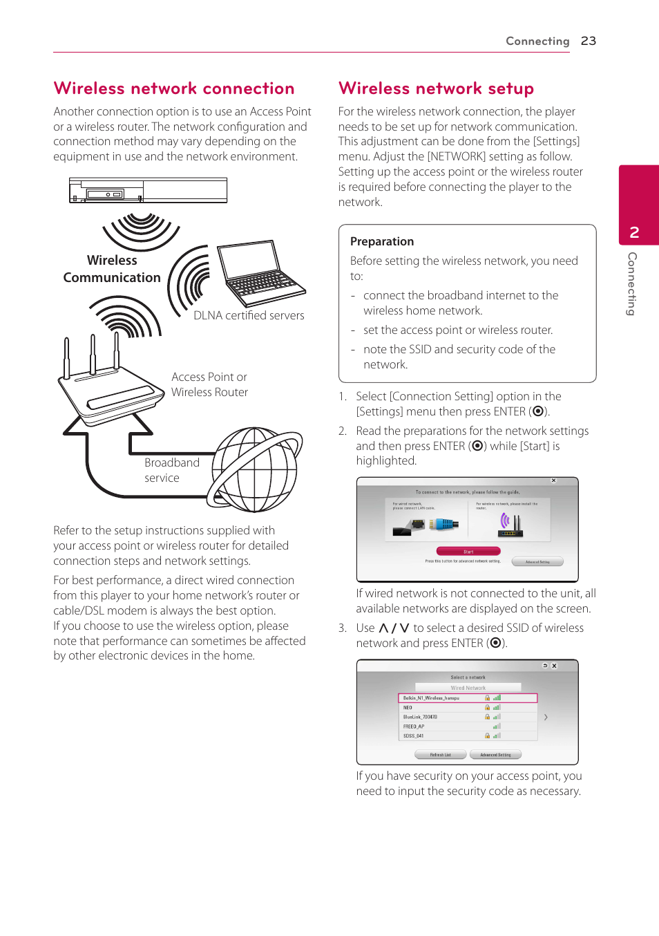 Wireless network connection, Wireless network setup | LG BH6830SW User Manual | Page 23 / 82