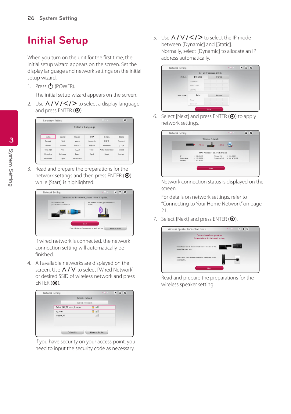 3 system setting, Initial setup, 26 initial setup | LG BH6830SW User Manual | Page 26 / 82