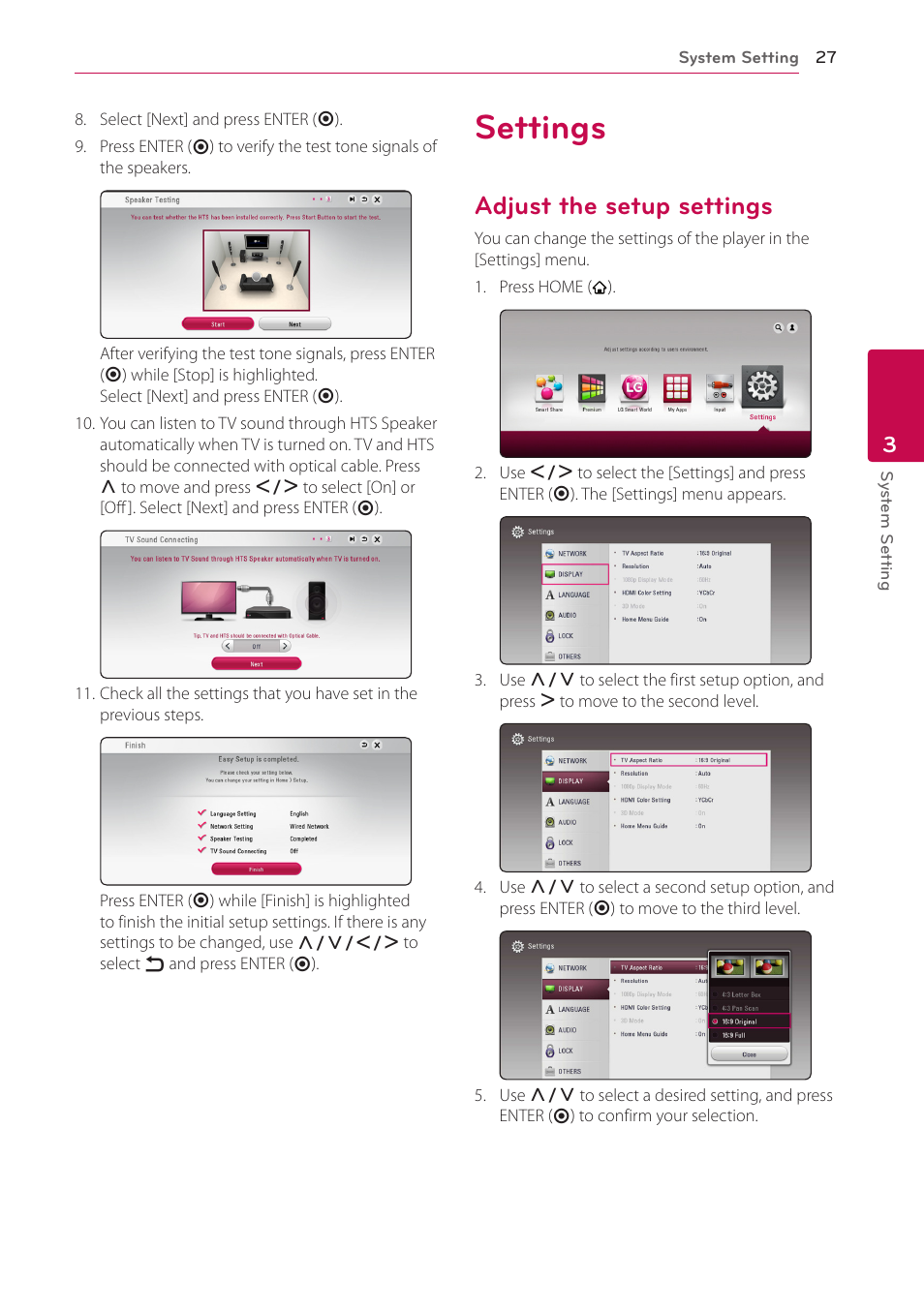 Settings, Adjust the setup settings, 27 settings 27 – adjust the setup settings | LG BH6830SW User Manual | Page 27 / 82