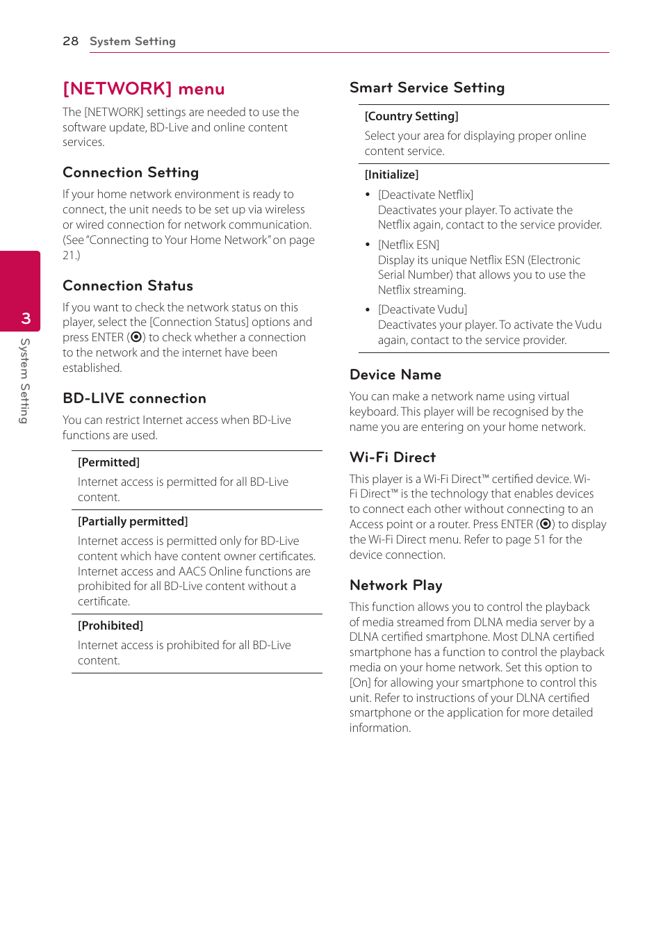 Network] menu, 28 – [network] menu | LG BH6830SW User Manual | Page 28 / 82