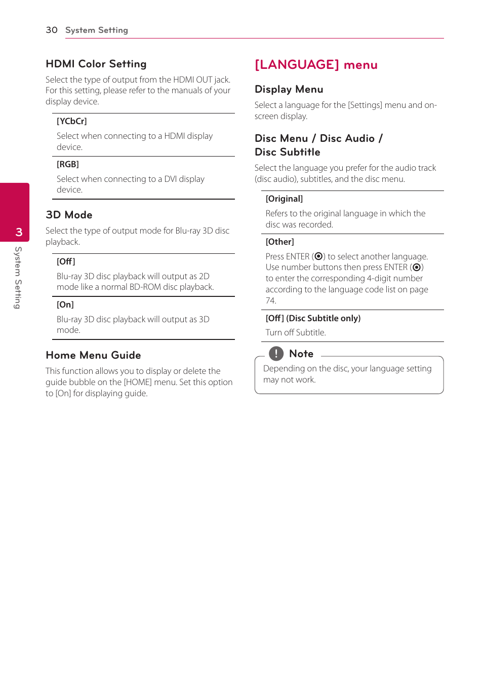 Language] menu, 30 – [language] menu | LG BH6830SW User Manual | Page 30 / 82