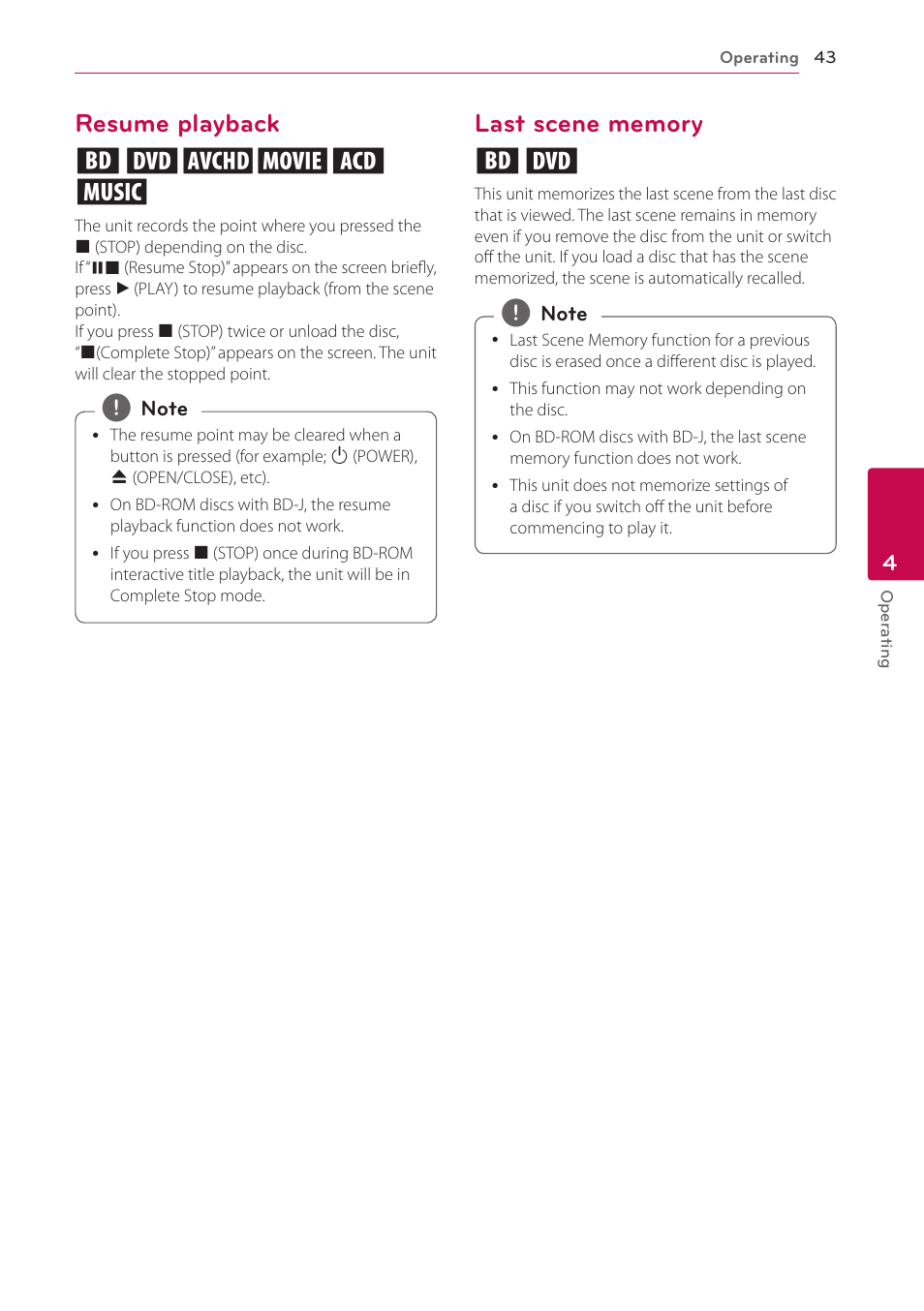 Resume playback, Last scene memory, 43 – resume playback 43 – last scene memory | Resume playback eroyt u | LG BH6830SW User Manual | Page 43 / 82