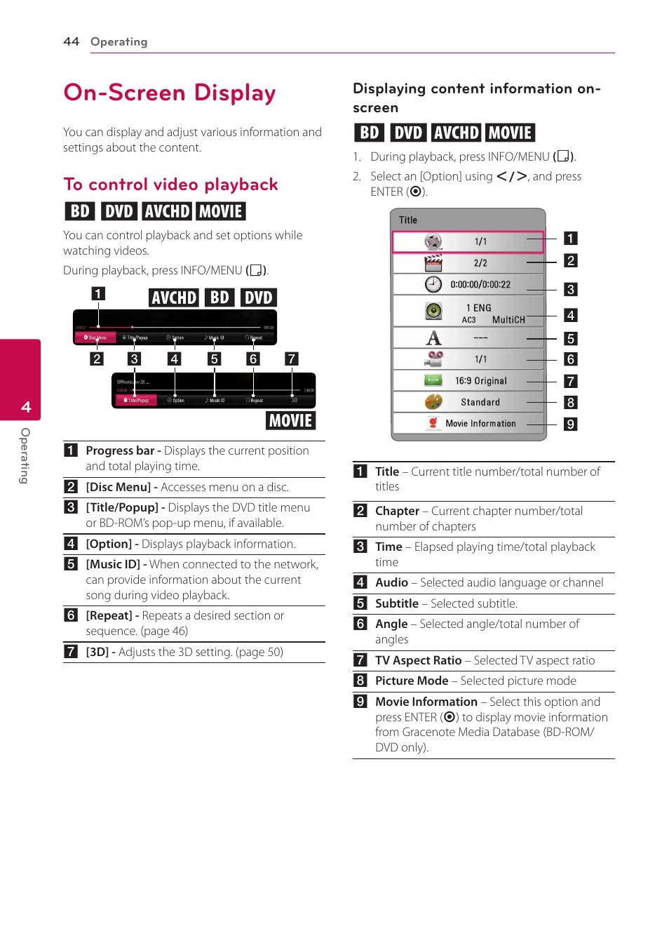 On-screen display, To control video playback, Displaying content information on-screen | Screen, Eroy | LG BH6830SW User Manual | Page 44 / 82