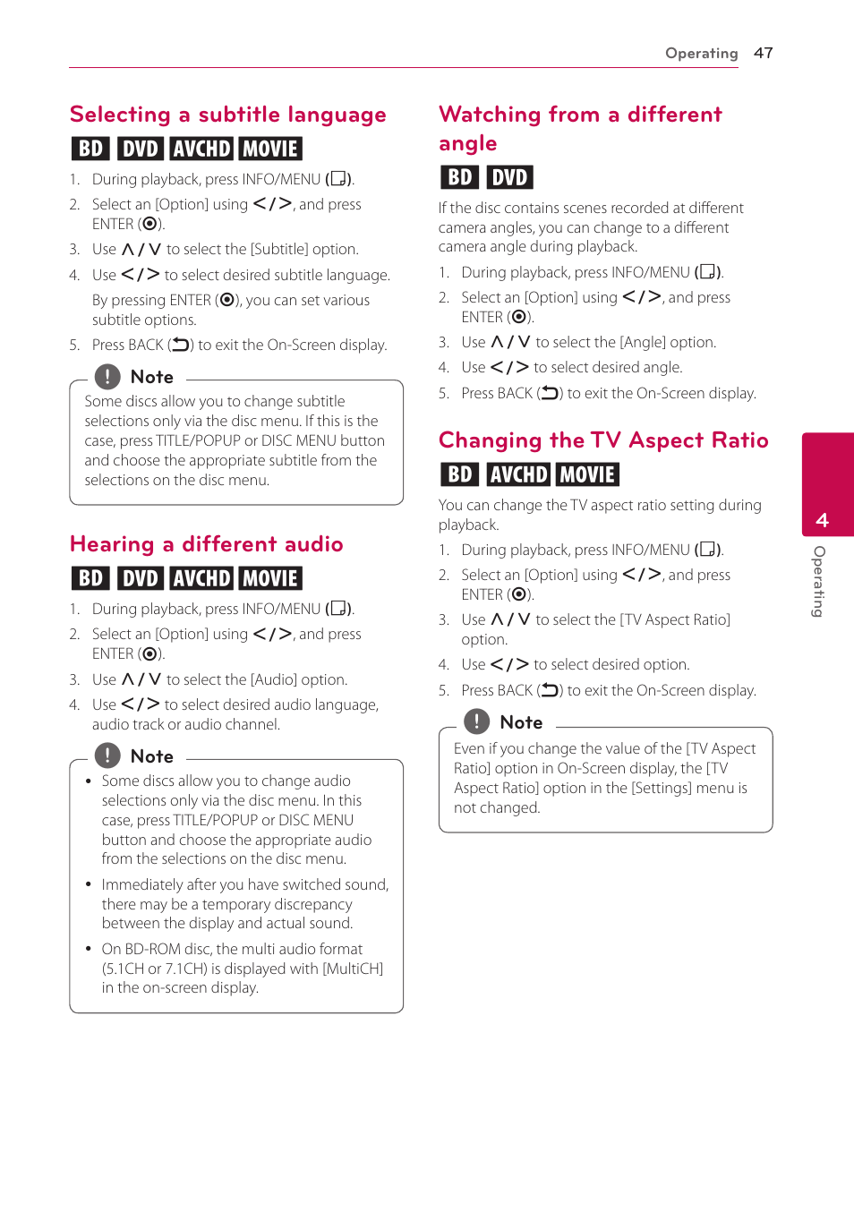 Selecting a subtitle language, Hearing a different audio, Watching from a different angle | Changing the tv aspect ratio, Selecting a subtitle language eroy, Hearing a different audio eroy, Watching from a different angle er, Changing the tv aspect ratio eoy | LG BH6830SW User Manual | Page 47 / 82