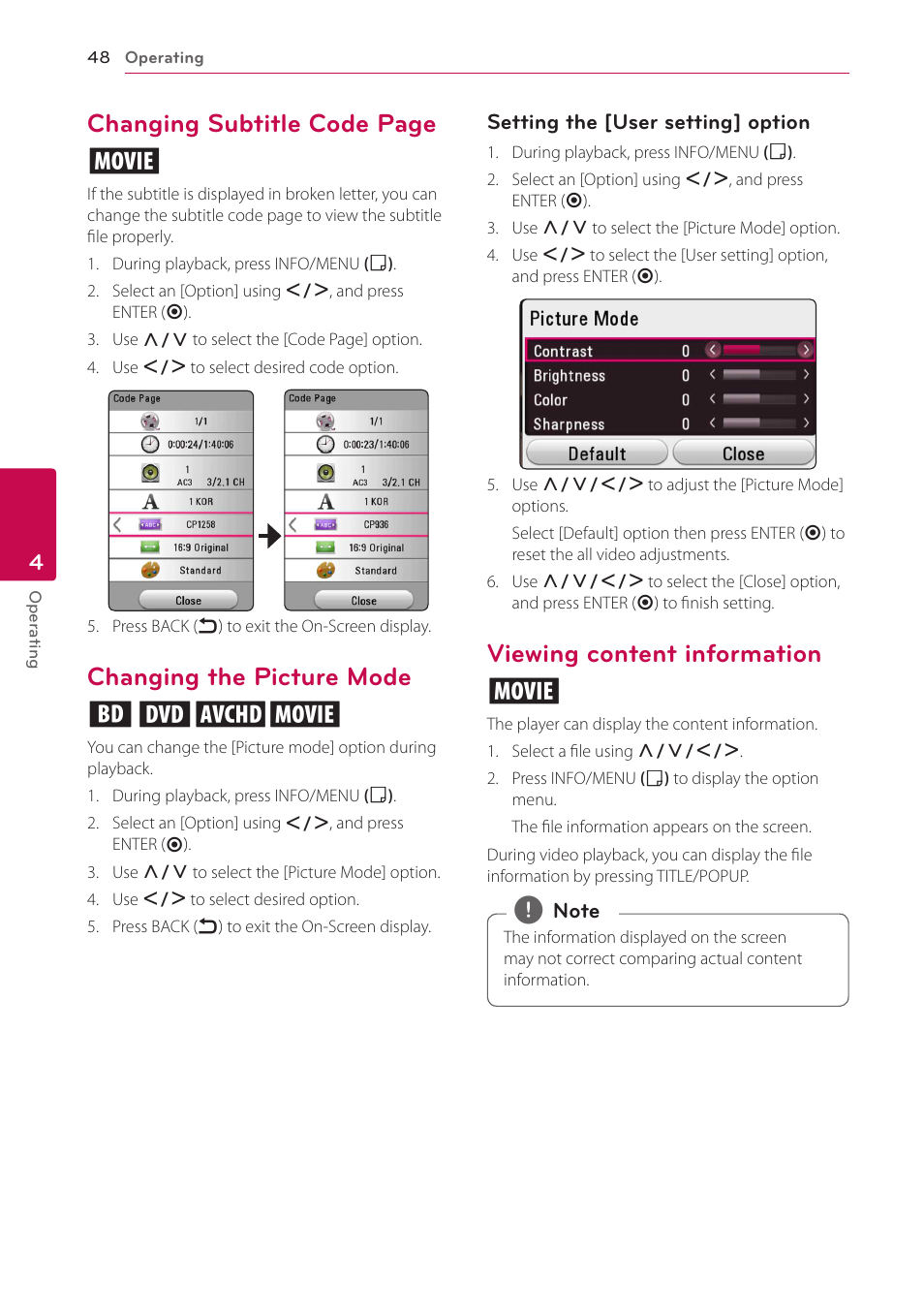 Changing the picture mode, Viewing content information, Changing subtitle code page y | Changing the picture mode eroy, Viewing content information y | LG BH6830SW User Manual | Page 48 / 82