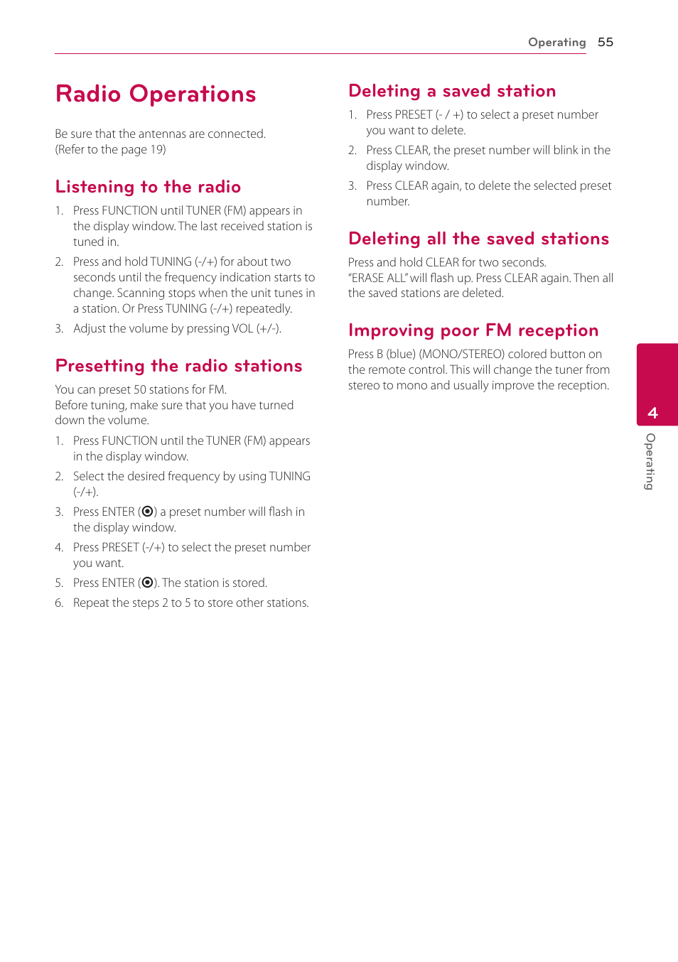 Radio operations, Listening to the radio, Presetting the radio stations | Deleting a saved station, Deleting all the saved stations, Improving poor fm reception | LG BH6830SW User Manual | Page 55 / 82