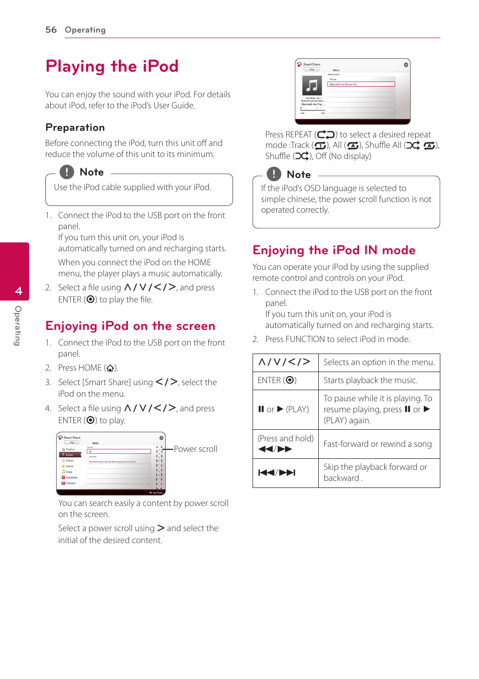 Playing the ipod, Enjoying ipod on the screen, Enjoying the ipod in mode | LG BH6830SW User Manual | Page 56 / 82