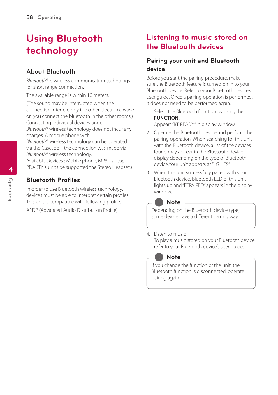 Using bluetooth technology, Listening to music stored on the bluetooth devices, Bluetooth devices | LG BH6830SW User Manual | Page 58 / 82