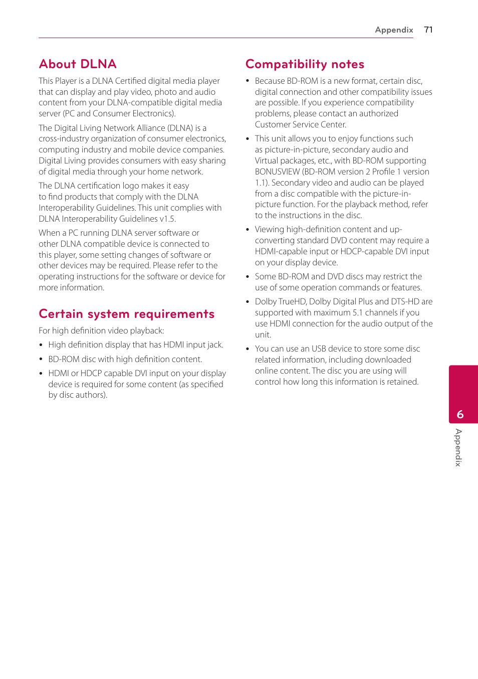 About dlna, Certain system requirements, Compatibility notes | LG BH6830SW User Manual | Page 71 / 82