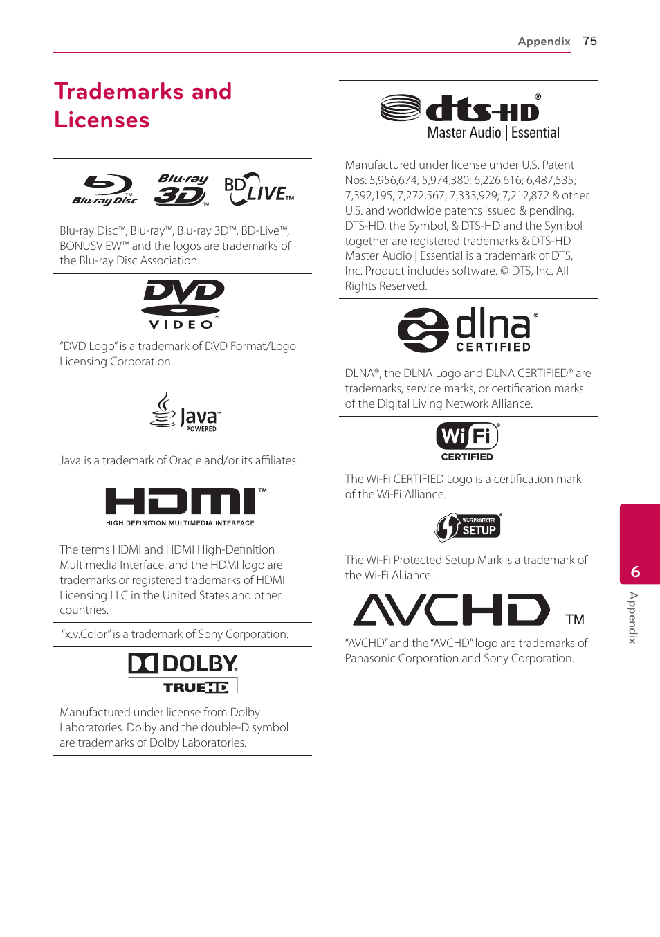 Trademarks and licenses, 75 trademarks and licenses | LG BH6830SW User Manual | Page 75 / 82