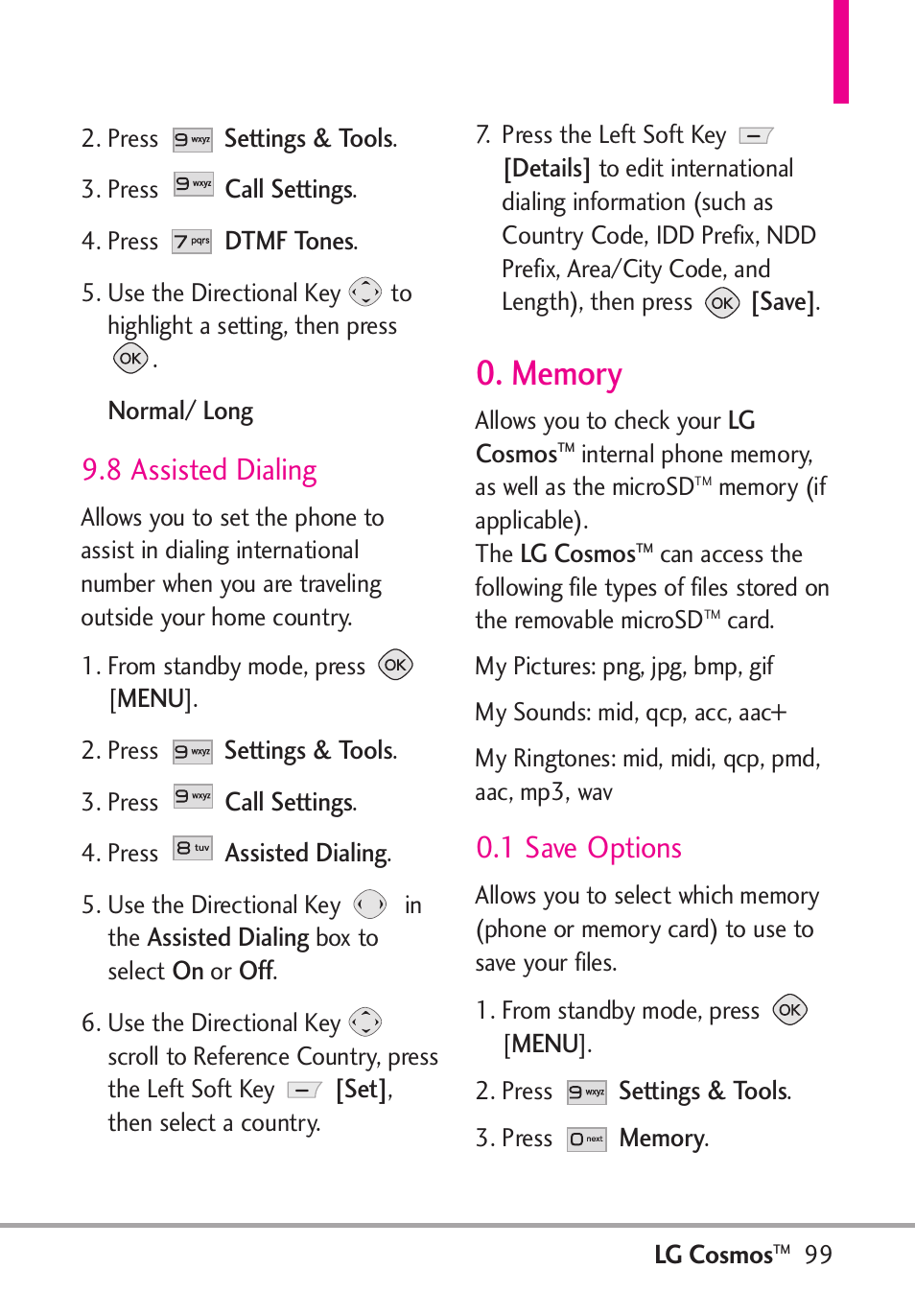 8 assisted dialing, 1 save options | LG LGVN250PP User Manual | Page 101 / 141