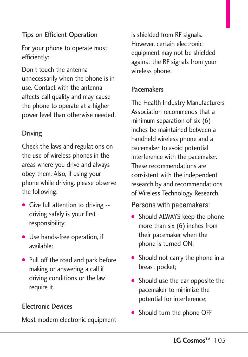 Persons with pacemakers, Lg cosmos, Tips on efficient operation | Driving, Electronic devices, Pacemakers | LG LGVN250PP User Manual | Page 107 / 141