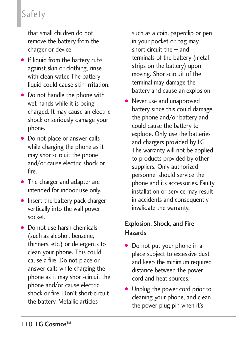 Safety, Lg cosmos, Explosion, shock, and fire hazards | LG LGVN250PP User Manual | Page 112 / 141