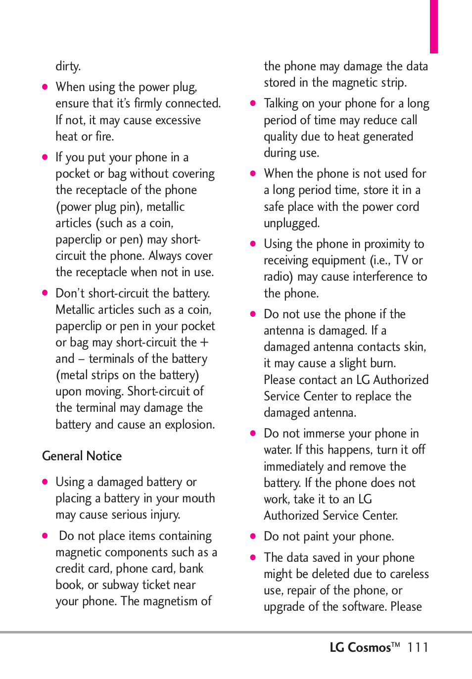 Lg cosmos, General notice, 111 dirty | Do not paint your phone | LG LGVN250PP User Manual | Page 113 / 141