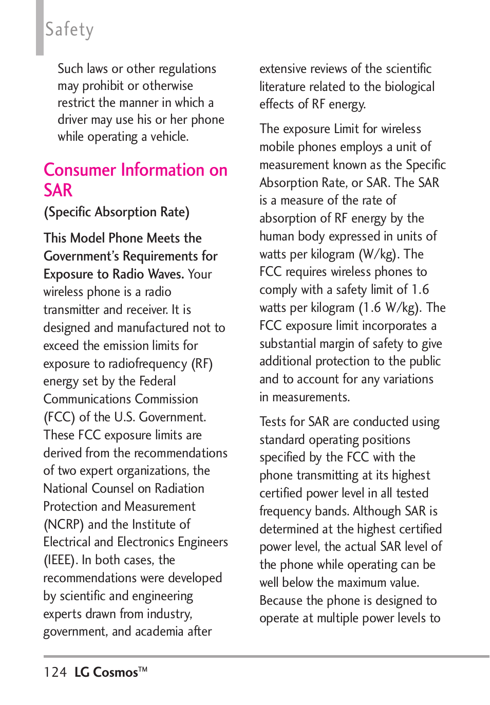 Safety, Consumer information on sar | LG LGVN250PP User Manual | Page 126 / 141