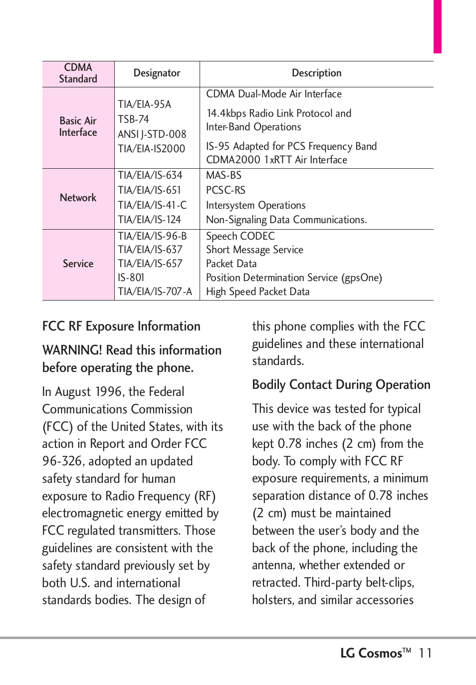 Lg cosmos, Bodily contact during operation | LG LGVN250PP User Manual | Page 13 / 141