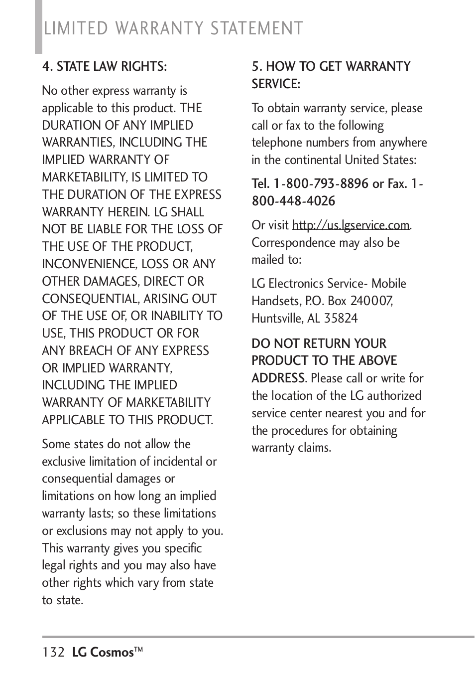 Limited warranty statement | LG LGVN250PP User Manual | Page 134 / 141