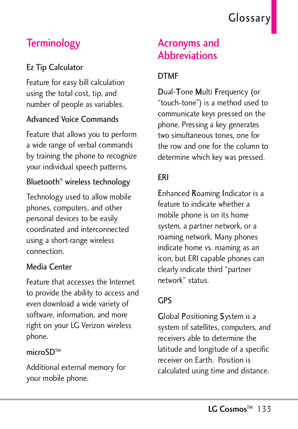 Glossary, Terminology, Acronyms and abbreviations | LG LGVN250PP User Manual | Page 135 / 141