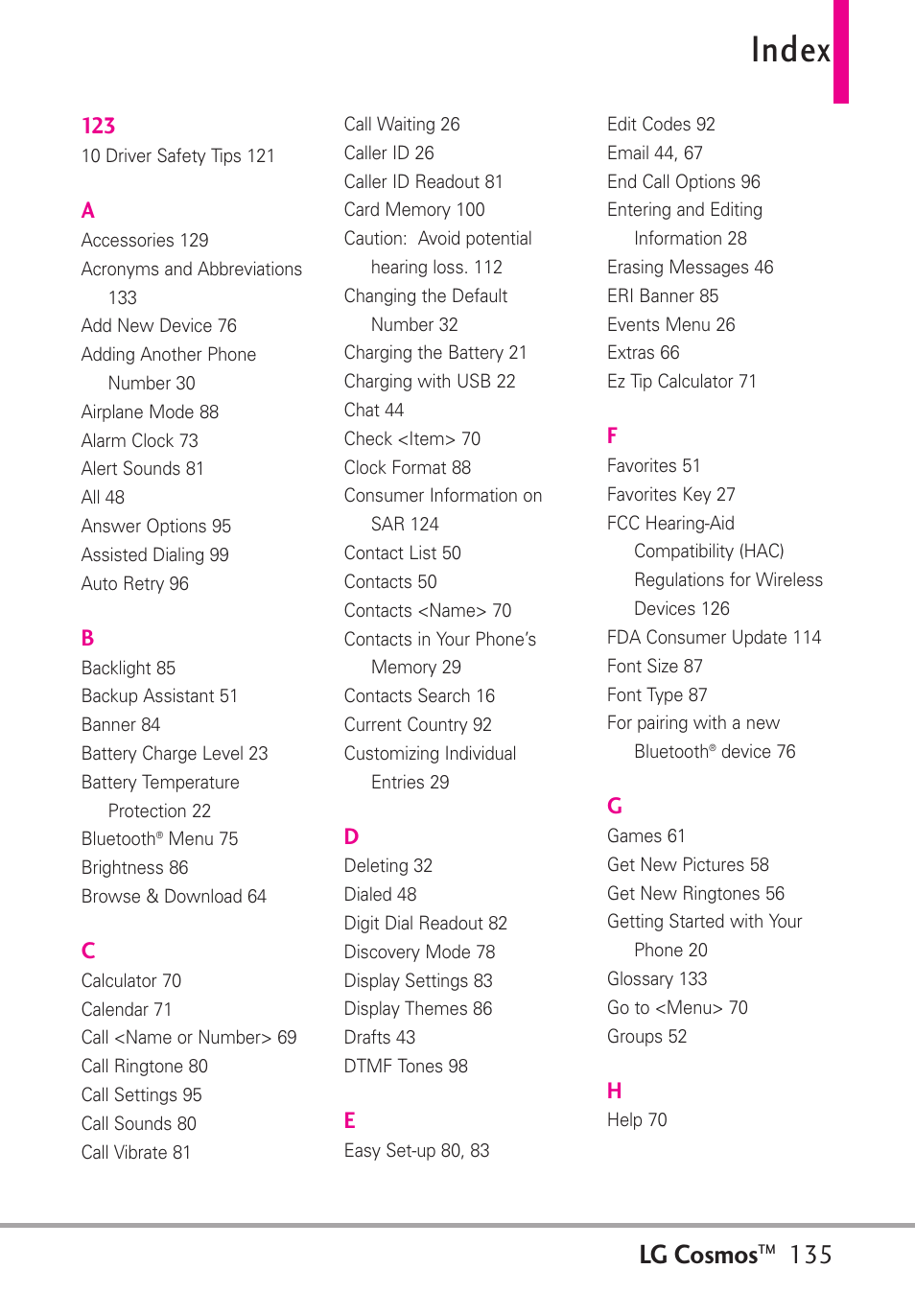 Index, Lg cosmos | LG LGVN250PP User Manual | Page 137 / 141