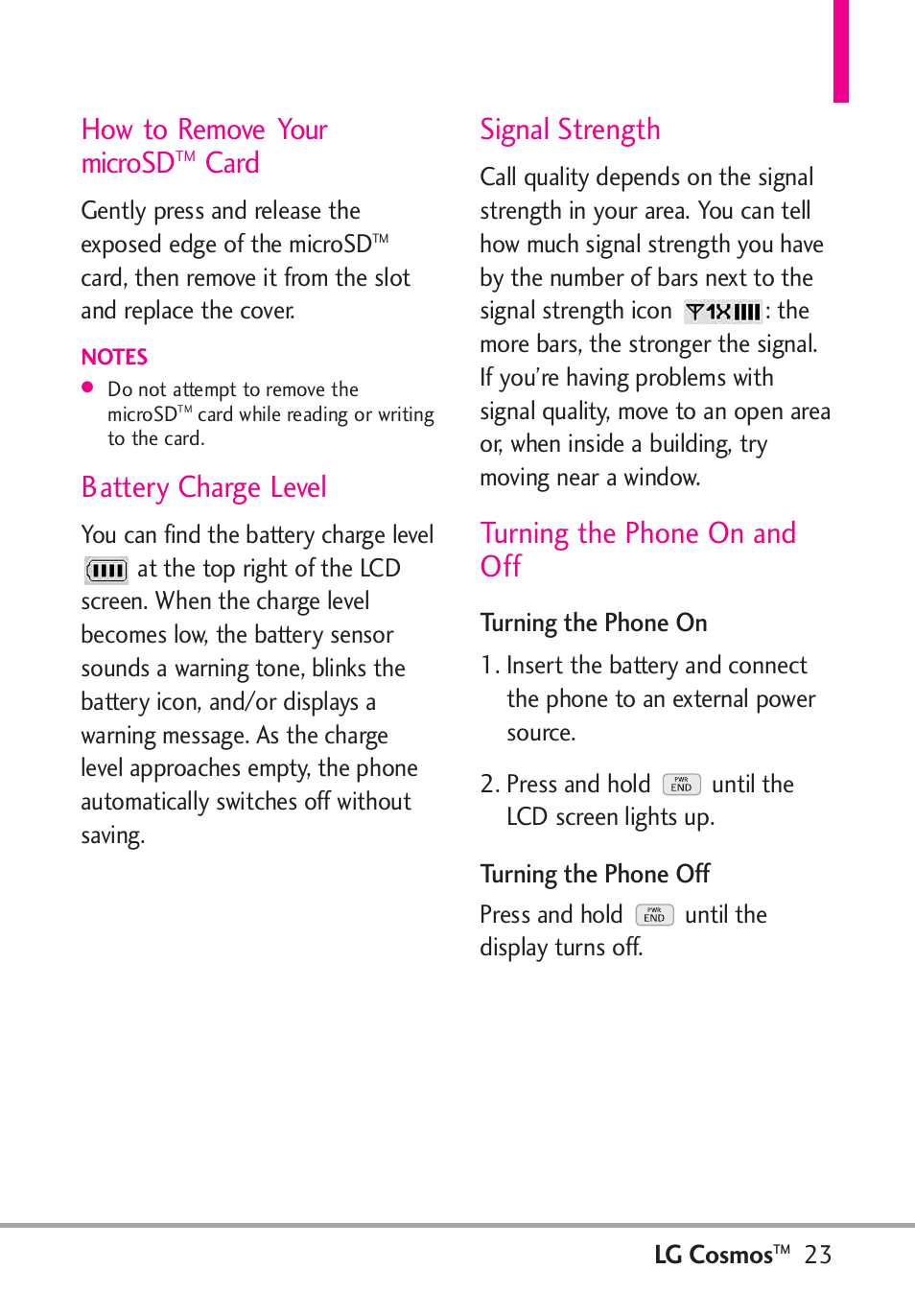 How to remove your microsd, Card, Battery charge level | Signal strength, Turning the phone on and off | LG LGVN250PP User Manual | Page 25 / 141