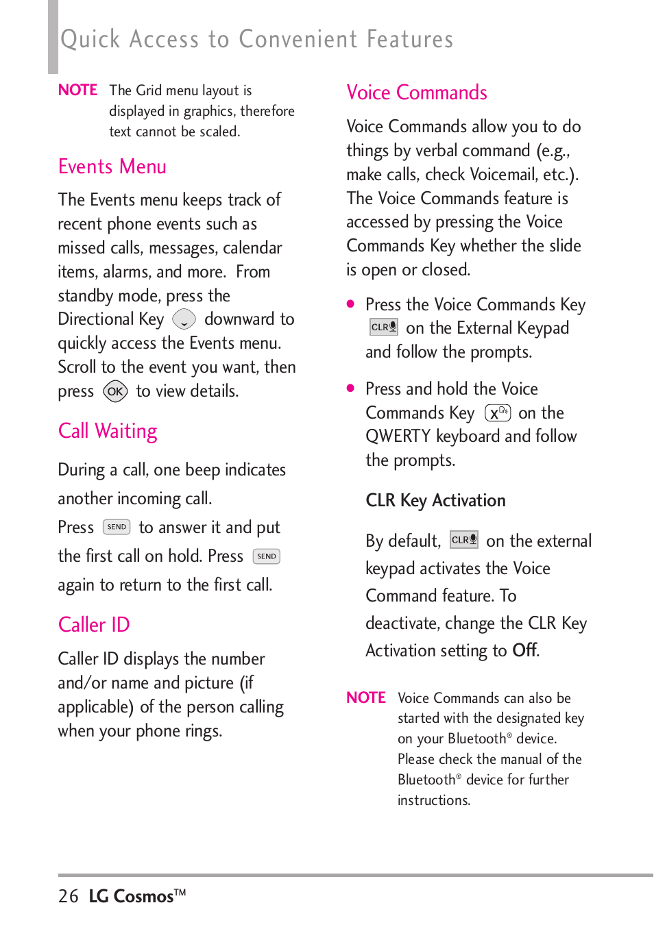 Quick access to convenient features, Events menu, Call waiting | Caller id, Voice commands | LG LGVN250PP User Manual | Page 28 / 141